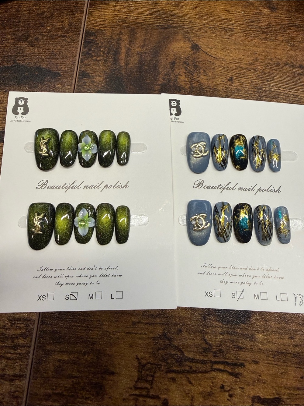 2 Designer Green and Blue Oval Press On Nails in Small.